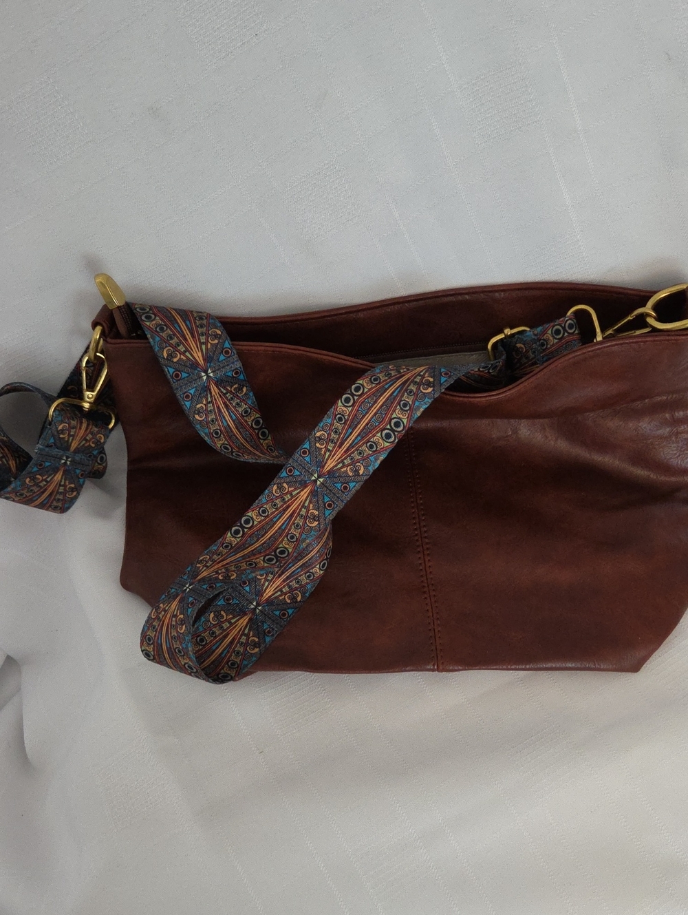 Classic Brown Pleather Shoulder Bag with Decorative Strap